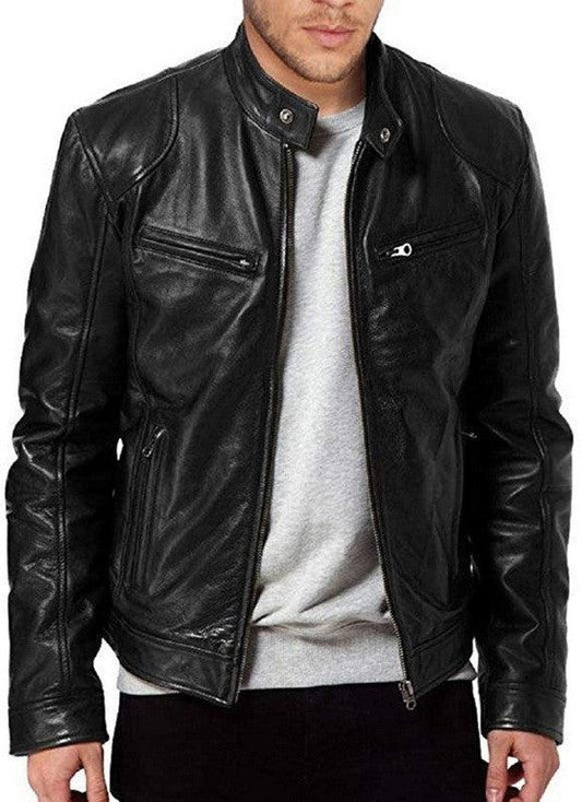 Men's Zip Cardigan PU Leather Jacket With Stand Collar