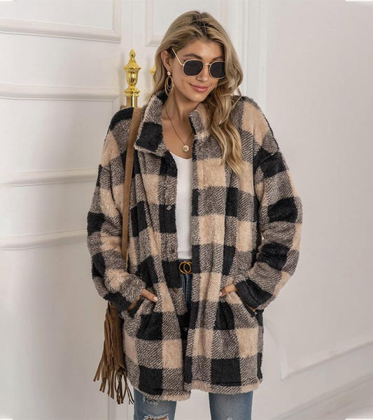 Colorblock Plaid Fleece Jacket Fashion Single Breasted Long Jacket Women's Clothing