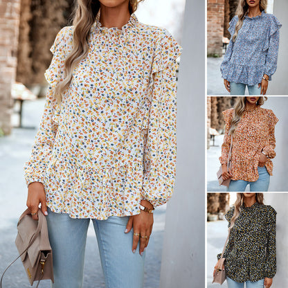 Women's Fashionable Simple Round Neck Floral Shirt Top