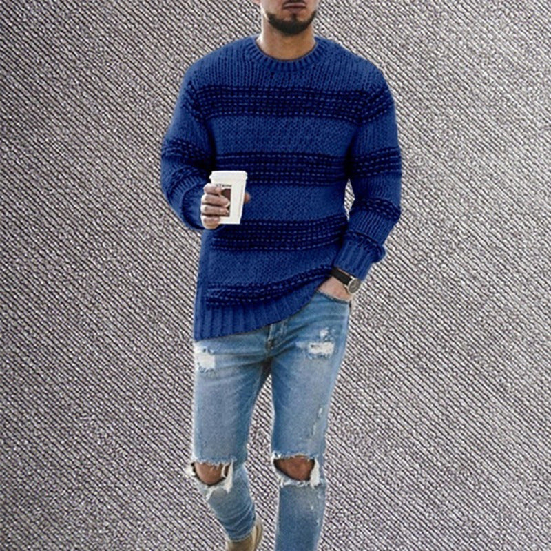 Casual Striped Knitted Sweater Men Round Neck Pullover Sweater