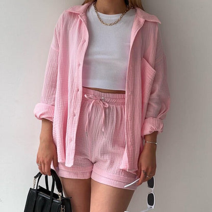 Spring Champray Lapel Long Sleeve Shirt High Waist Drawstring Shorts Plus Size Fashion Casual Set