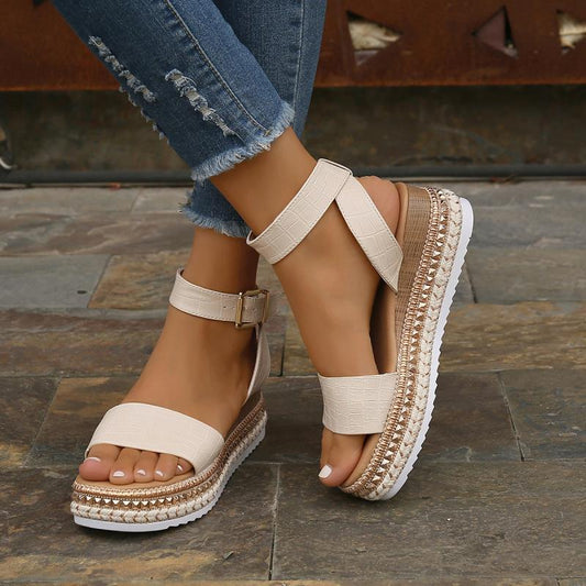 Summer Sandals Buckle Strap Hemp Wedges Platform Peep Toe Shoes Women