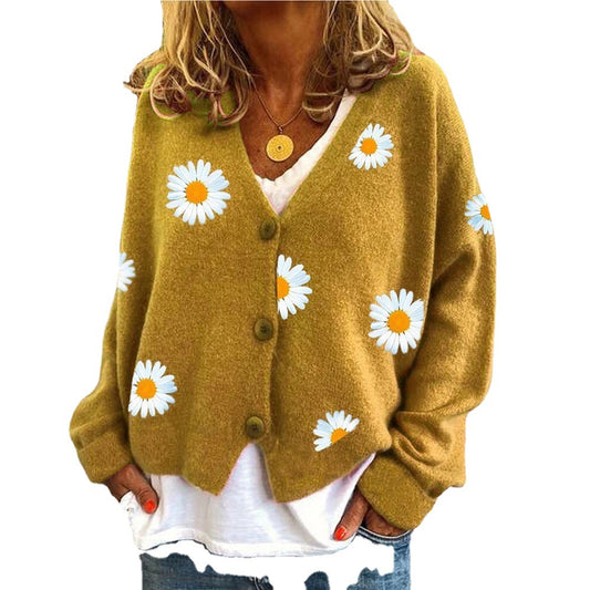 Women's Single Breasted Sweater Chrysanthemum Embroidered Cardigans Coat Clothes