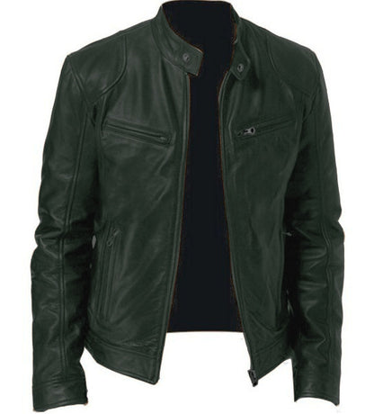 Men's Zip Cardigan PU Leather Jacket With Stand Collar