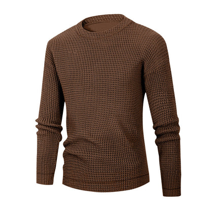 Men's Solid Color Waffle Autumn Long Sleeve Round Neck Base Sweater