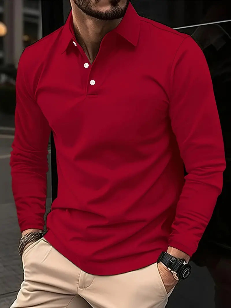 Buckle European And American Men's Daily Casual Polo Collar Long Sleeve Polo Wear