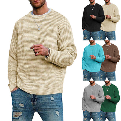 Men's Solid Color Waffle Autumn Long Sleeve Round Neck Base Sweater