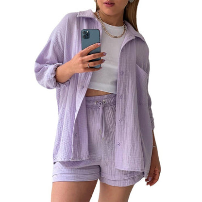 Spring Champray Lapel Long Sleeve Shirt High Waist Drawstring Shorts Plus Size Fashion Casual Set