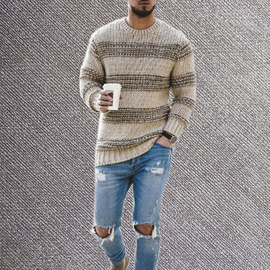 Casual Striped Knitted Sweater Men Round Neck Pullover Sweater