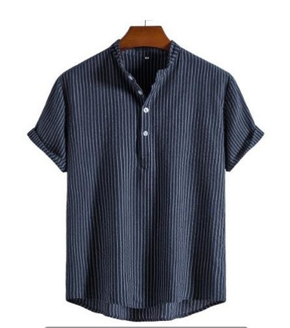 Men's Stand Collar Striped Short Sleeve Shirt