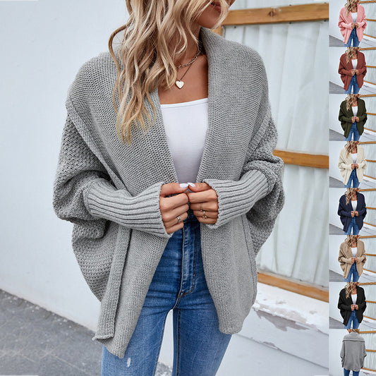 New Loose Knitted Sweater Solid Color Bat Sleeve Large Lapel Cardigan Autumn And Winter Fashion Jacket For Women Clothing