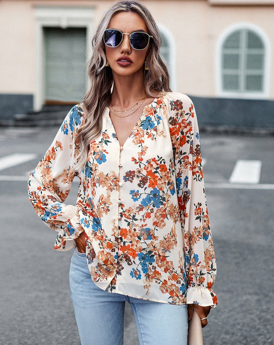 Women's Tops Casual Floral Print V Neck Long Sleeve Shirts Loose Chiffon Blouses Shirts Tops