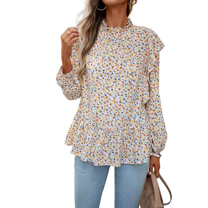 Women's Fashionable Simple Round Neck Floral Shirt Top