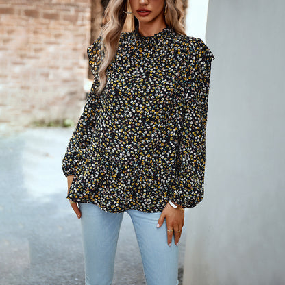 Women's Fashionable Simple Round Neck Floral Shirt Top