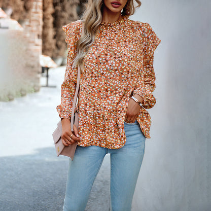 Women's Fashionable Simple Round Neck Floral Shirt Top