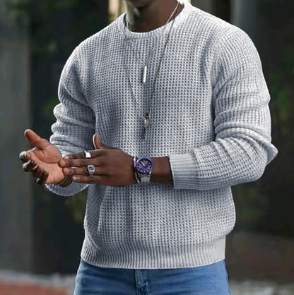 Men's Solid Color Waffle Autumn Long Sleeve Round Neck Base Sweater