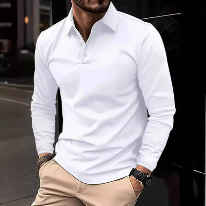 Buckle European And American Men's Daily Casual Polo Collar Long Sleeve Polo Wear