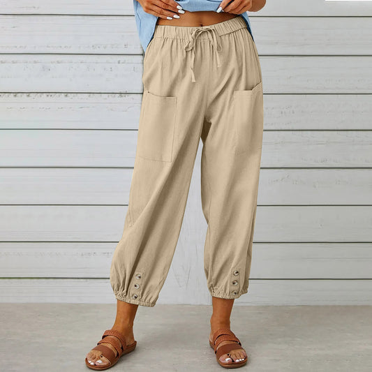 Women Drawstring Tie Pants Spring Summer Cotton And Linen Trousers With Pockets Button