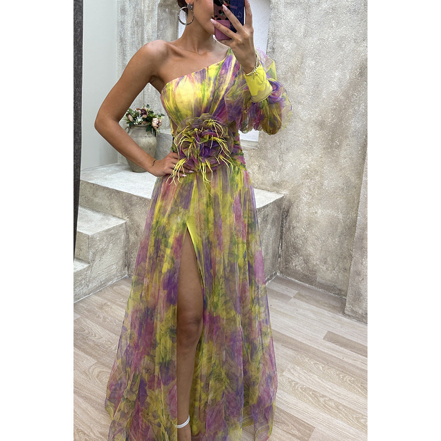 Mesh Tie-dye Printed Off-shoulder Slit Dress Summer INS Fashion Long Dress Party Womens Clothing