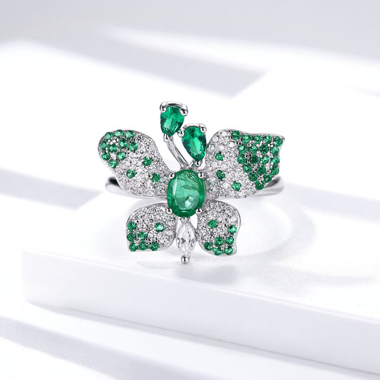 Butterfly Ring S925 Silver Set Natural Emerald