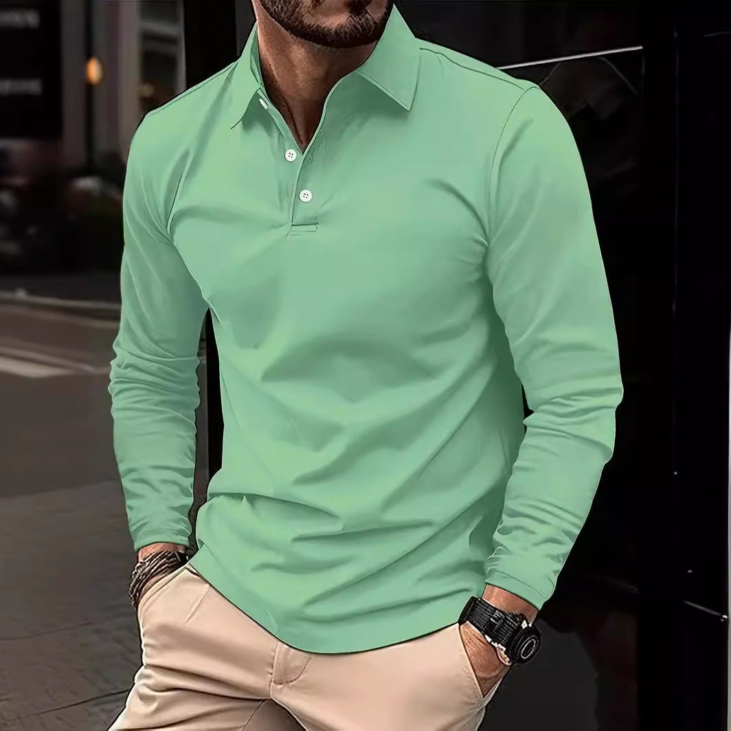 Buckle European And American Men's Daily Casual Polo Collar Long Sleeve Polo Wear