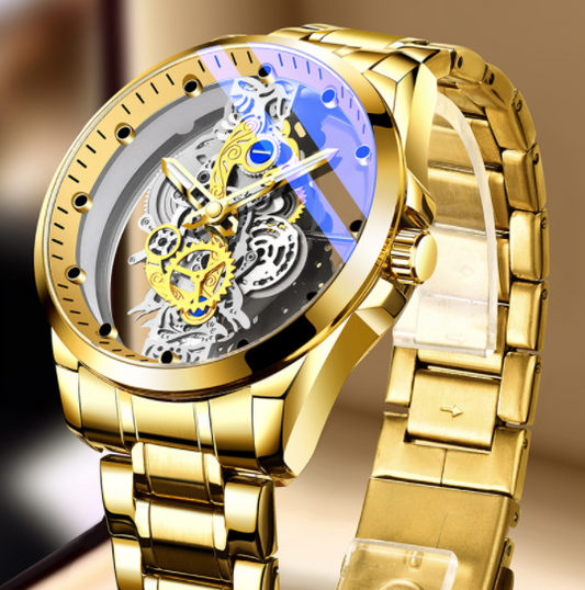 Men Watch Skeleton Automatic Quartz Watch Gold Skeleton Vintage