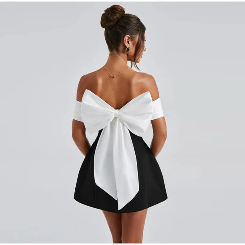 Women's Bow Black And White Contrasting-color Dress